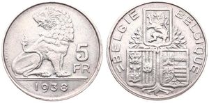 Belgium, Kingdom, Leopold III, 5 Francs Nickel 1938FL/FR (Position A), Seated lion right looking left, Morin 455a, RARE DATE, (Edge lettering with crown), VF/XF