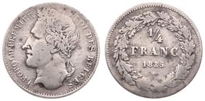 Belgium, Kingdom, Leopold I, 1/4 Franc Silver 1835, Laureate head left, Morin 36a, F/VF, VARIETY : WITHOUT SIGNATURE !