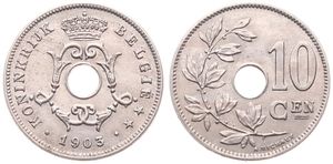 Belgium, Kingdom, Leopold II, 10 Centimes Copper-Nickel 1903FL, Center hole within crowned monogram, Morin 261, A.UNC