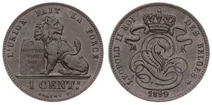 Belgium, Kingdom, Leopold II, 1 Centime Copper 1899FR, Seated lion with tablet, Morin 228, UNC