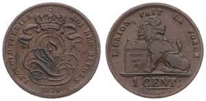 Belgium, Kingdom, Leopold I, 1 Centime Copper 1836/32, Seated lion with tablet, Morin 116a, A.XF