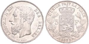 Belgium, Kingdom, Leopold II, 5 Francs Silver 1875, Bearded head left, Morin 162, A.UNC !
