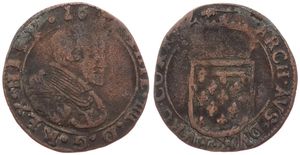 Spanish Netherlands, Philip IV, 1 Oord Copper 1636, Bust right within circle / Crowned arms of Artois, VH 655.AR - Arras, VG