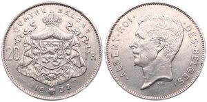 Belgium, Kingdom, Albert I, 20 Francs (4 Belgas) Nickel 1932FR (Position A), Head left, Morin 378a, A.XF