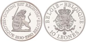 Belgium, Kingdom, Baudouin I, Medal (10 Leones) in Silver 1980, 150th Anniversary of the Kingdom & Independence, Lion holding shield and sword / Crowned ornate arms, PROOF