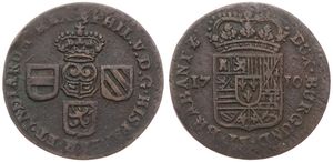 Spanish Netherlands, Philip V, 1 Oord Copper 1710, Crown above title and three shields / Crowned arms divides date, VH 749.NA - Namur, VF