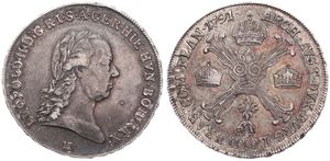 Austrian Netherlands, Leopold II, 1/2 Kronenthaler Silver 1791H, Laureate head right / Floriated cross with 3 crowns & Golden Fleece, KM 41 Gunzburg, VF