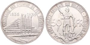 Belgium, Kingdom, Leopold III, 50 Francs Silver 1935FR (Position B), 100th Anniversary of Belgian Railways & World Exhibition in Brussels, Morin 442b, A.UNC