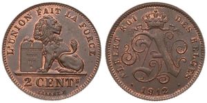 Belgium, Kingdom, Albert I, 2 Centimes Copper 1912FR, Seated lion with tablet, Morin 312, UNC