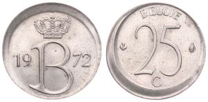 Belgium, Kingdom, Baudouin I, 25 Centimes Copper-Nickel 1972FL, Crown above monogram B, Morin 751, SCARCER ERROR COIN !, A.UNC