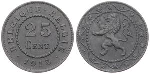 Belgium, Kingdom, Albert I, 25 Centimes Zinc 1915FR/FL, German Occupation - Rampant lion within circle, Morin 433, XF