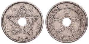 Belgian Congo, Colony, Leopold II, 5 Centimes Copper-Nickel 1909, Center hole flanked by crowned monograms within beaded circle, KM 12, Medal Alignment, VF