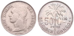 Belgian Congo, Colony, Albert I, 50 Centimes Copper-Nickel 1923, Laureate head of the King left, KM 23 Flemish Legend, VF