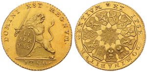 Austrian Netherlands, Insurrection Coinage, 14 Florins Gold 1790(b), Rampant lion right holding sword and shield / 11 Shields surround central radiant design, KM 51 Brussels, EXTREMELY RARE !, A.UNC (*)