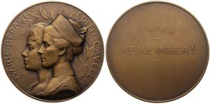 Belgium, Kingdom, Albert I, Medal in Bronze 1919 by A. Bonnetain, Remember 1915, Conjoined busts of Marie Depage & WWI nurse Edith Cavell / Legend in 2 lines, UNC