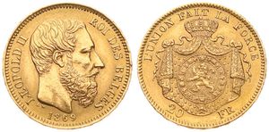 Belgium, Kingdom, Leopold II, 20 Francs Gold 1869, Bearded head right, Morin 143 (Position A), XF (*)
