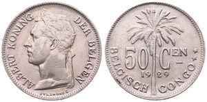 Belgian Congo, Colony, Albert I, 50 Centimes Copper-Nickel 1929, Laureate head of the King left, KM 23 Flemish Legend, RARE KEY DATE in UNC
