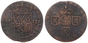 Spanish Netherlands, Maximilian-Emanuel of Bavaria, 1 Oord Copper 1712, Crown above title and three shields / Crowned arms divides date, VH 787.NA - Namur, A.VF
