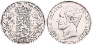 Belgium, Kingdom, Leopold I, 5 Francs Silver 1850, Bare head left, Morin 40a, VARIETY WITH DOT ABOVE DATE, VF+