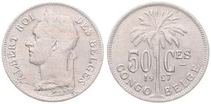 Belgian Congo, Colony, Albert I, 50 Centimes Copper-Nickel 1927, Laureate head of the King left, KM 22 French Legend, VF