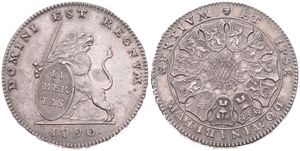 Austrian Netherlands, Insurrection Coinage, 3 Florins Silver 1790(b), Rampant lion right holding sword and shield / 11 Shields surround central radiant design, KM 50 Brussels with SMALL DATE & Position B, RARE !, A.UNC 