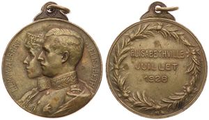 Belgium, Kingdom, Albert I, Medal in Bronze 1928 by G. Devreese, King Albert I & Queen Elisabeth visit to Belgian Congo to inaugurate the new railway from Katanga to the Atlantic Ocean, XF
