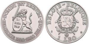 Belgium, Kingdom, Baudouin I, Medal (1 Leo) in Silver Plated Bronze 1980, 150th Anniversary of Independence, Lion holding shield and sword / Crowned ornate arms, GMJ E.3b, SCARCE, UNC