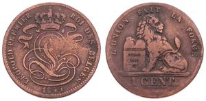 Belgium, Kingdom, Leopold I, 1 Centime Copper 1844, Seated lion with tablet, Morin 117, SCARCE DATE, Fine