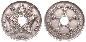 Belgian Congo, Colony, Albert I, 5 Centimes Copper-Nickel 1921, Center hole flanked by crowned monograms within beaded circle, KM 17, A.XF (Struck at Heaton / Birmingham)