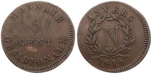 Belgium, Kingdom, Antwerpen (Siege of Antwerp), Napoleon, 5 Centimes Bronze 1814, Emergency issue - N Monogram within wreath - V above ribbon bow, KM 2.2, A.VF