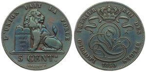 Belgium, Kingdom, Leopold I, 5 Centimes Bronze 1850, Seated lion with tablet, Morin 77b, RARE VARIETY IN BRONZE !, VF/XF