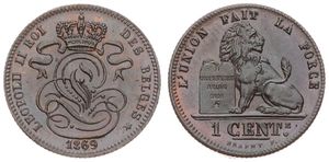 Belgium, Kingdom, Leopold II, 1 Centime Copper 1869FR, Seated lion with tablet, Morin 219, UNC