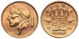 Belgium, Kingdom, Baudouin I, 50 Centimes Bronze 1968FL, Helmeted mine worker left, Morin 679, SCARCER DATE, UNC