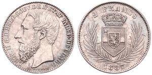 Congo Free State, Royal Domain, Leopold II, 2 Francs Silver 1887, Bearded head left, KM 7, RARE KEY DATE in UNC !!