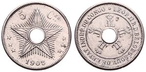 Congo Free State, Royal Domain, Leopold II, 5 Centimes Copper-Nickel 1908/6, Center hole flanked by crowned monograms within beaded circle, KM 9, XF (slightly cleaned)