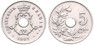 Belgium, Kingdom, Leopold II, 5 Centimes Copper-Nickel 1907FL, Center hole within crowned monogram, Morin 280, XF/AU