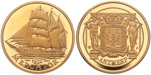 Belgium, Kingdom, Baudouin I, Medal in Bronze 1982, 50 Years of Sailing Ship Mercator, Ship Mercator to left / Antwerp coat of arms with supporters, PROOF