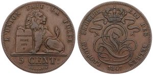 Belgium, Kingdom, Leopold I, 5 Centimes Copper 1847, Seated lion with tablet, Morin 74, VARIETY WITH CURSIVE N IN CENT, VF/XF