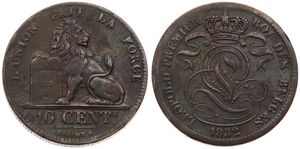Belgium, Kingdom, Leopold I, 10 Centimes Copper 1832, Seated lion with tablet, Morin 61, QUART MEDAL ALIGNMENT, VF