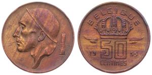 Belgium, Kingdom, Baudouin I, 50 Centimes Bronze 1955FR, Helmeted mine worker left, Morin 661a, VARIETY WITH LARGE HEAD, XF