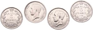Belgium, Kingdom, Albert I, Nice lot with 2 different scarcer coins from Albert I : 5 Francs - 1 Belga 1934FR Position A + B, Morin 390a & 390b, VF