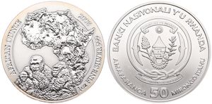 Rwanda, Republic, 50 Francs Silver 2008, Mountain Gorillas & Map, KM New, UNC
