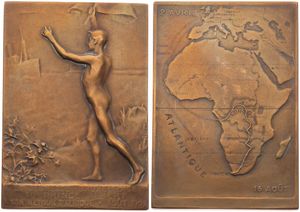 Belgian Congo, Colony, Albert I, Medal in Bronze 1909 by Paul Wissaert, For the return of Prince Albert from Africa, Naked boy with flag and Sailing Ship / Map of Africa, XF