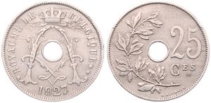 Belgium, Kingdom, Albert I, 25 Centimes Copper-Nickel 1927/23FR, Center hole within crowned monogram, Morin 331a, VF