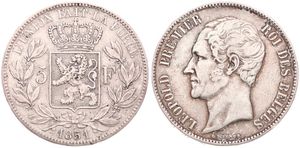 Belgium, Kingdom, Leopold I, 5 Francs Silver 1851, Bare head left, Morin 41a, VARIETY WITH DOT ABOVE DATE, VF