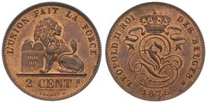 Belgium, Kingdom, Leopold II, 2 Centimes Copper 1876FR, Seated lion with tablet, Morin 212, UNC