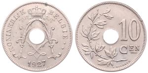 Belgium, Kingdom, Albert I, 10 Centimes Copper-Nickel 1927FL, Center hole within crowned monogram, Morin 348, UNC