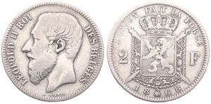 Belgium, Kingdom, Leopold II, 2 Francs Silver 1868FR, Bearded head left, Morin 170, A.VF