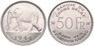 Belgian Congo, Colony, Leopold III, 50 Francs Silver 1944, African Elephant left, KM 27, XF