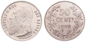 Belgium, Kingdom, Leopold II, 50 Centimes Silver 1909FR, Bearded head left, Morin 204, UNC